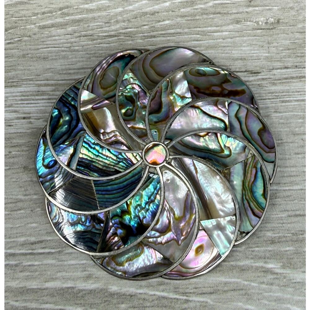 Vintage Alpaca Mexico Silver Inlaid Abalone Flower Brooch Pendant